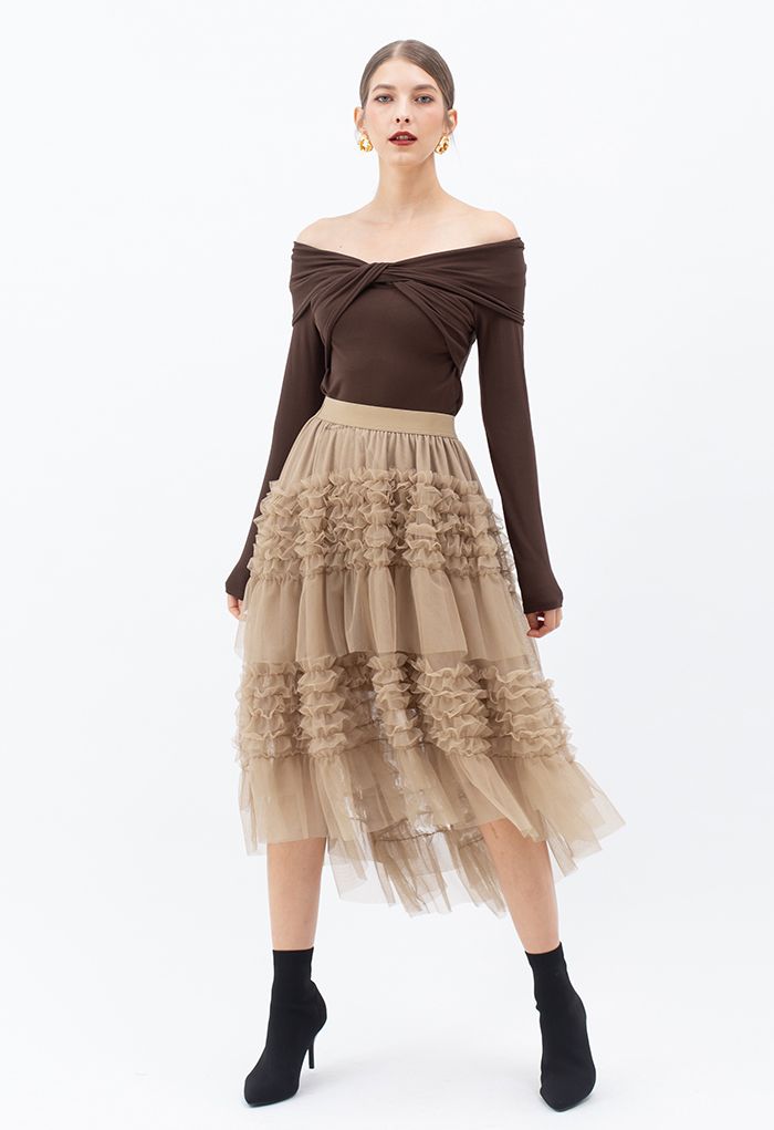 Ruffle Tiered Hi-Lo Mesh Tulle Skirt in Tan
