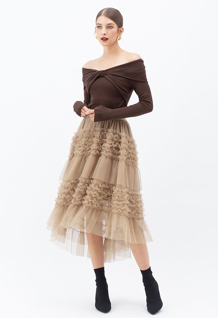 Ruffle Tiered Hi-Lo Mesh Tulle Skirt in Tan