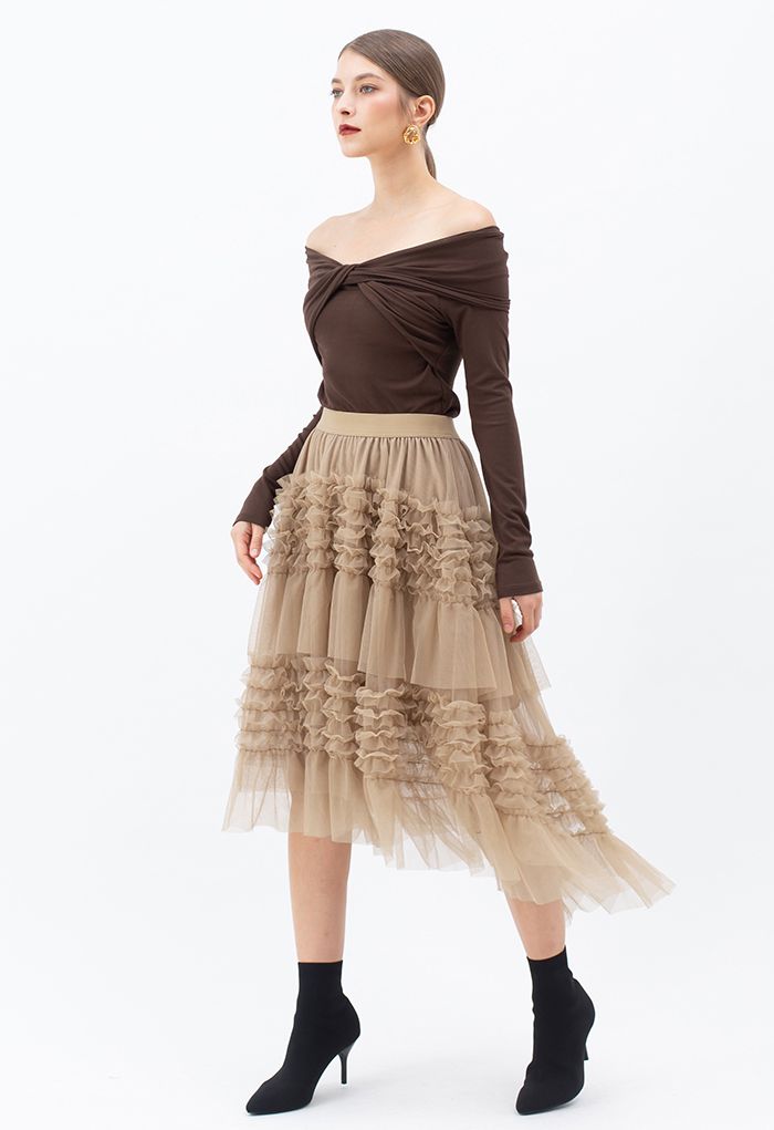 Ruffle Tiered Hi-Lo Mesh Tulle Skirt in Tan