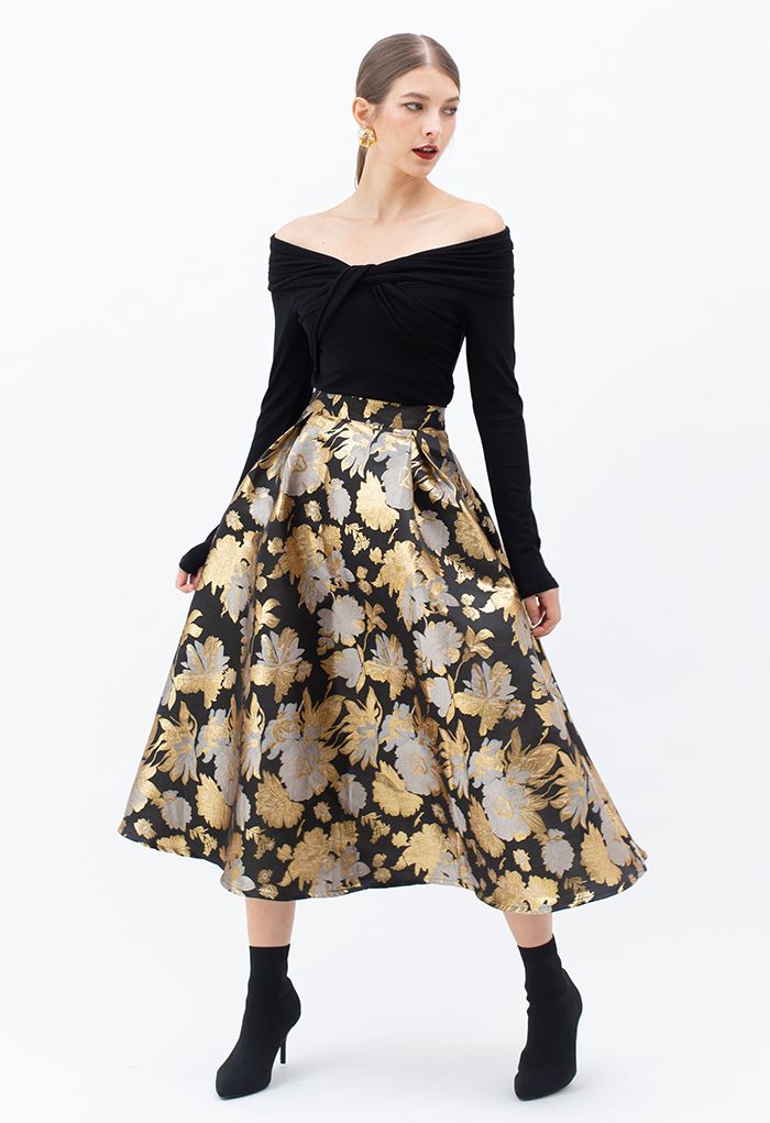 Golden Bouquets Jacquard A-Line Midi Skirt