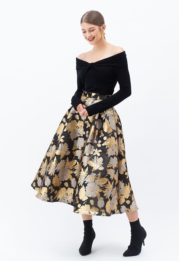 Golden Bouquets Jacquard A-Line Midi Skirt