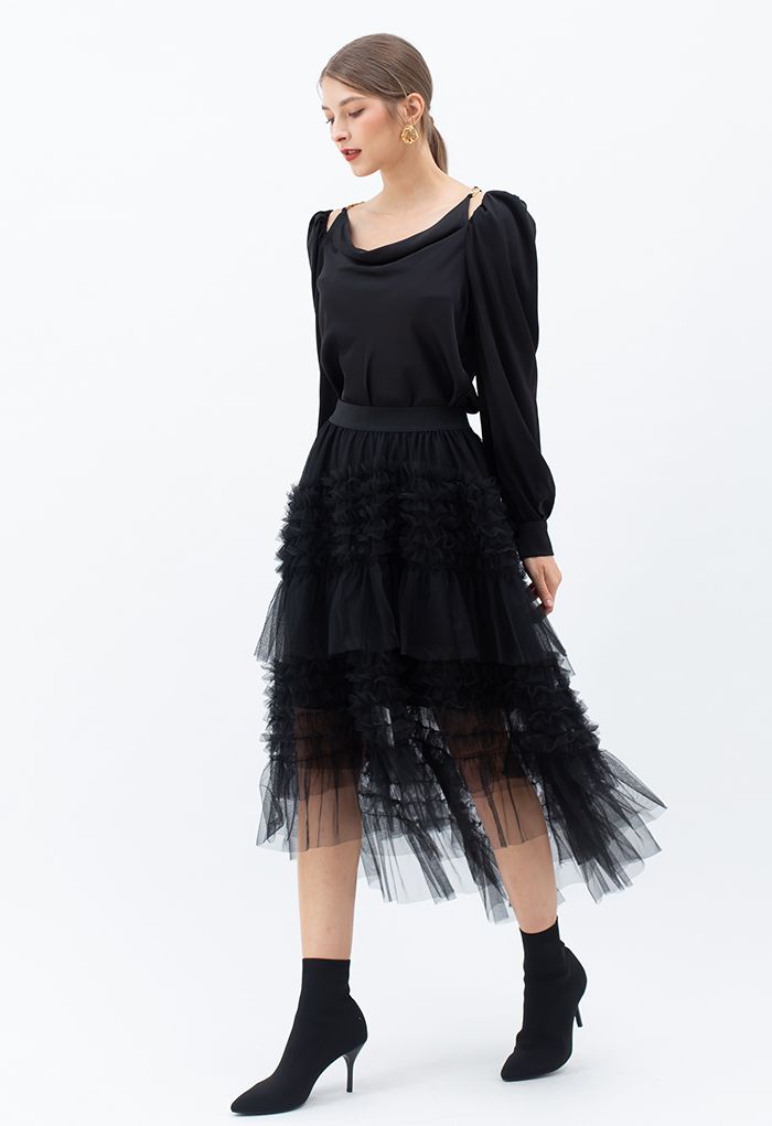 Ruffle Tiered Hi-Lo Mesh Tulle Skirt in Black