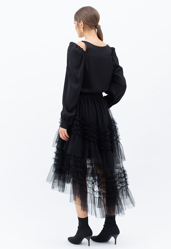 Ruffle Tiered Hi-Lo Mesh Tulle Skirt in Black