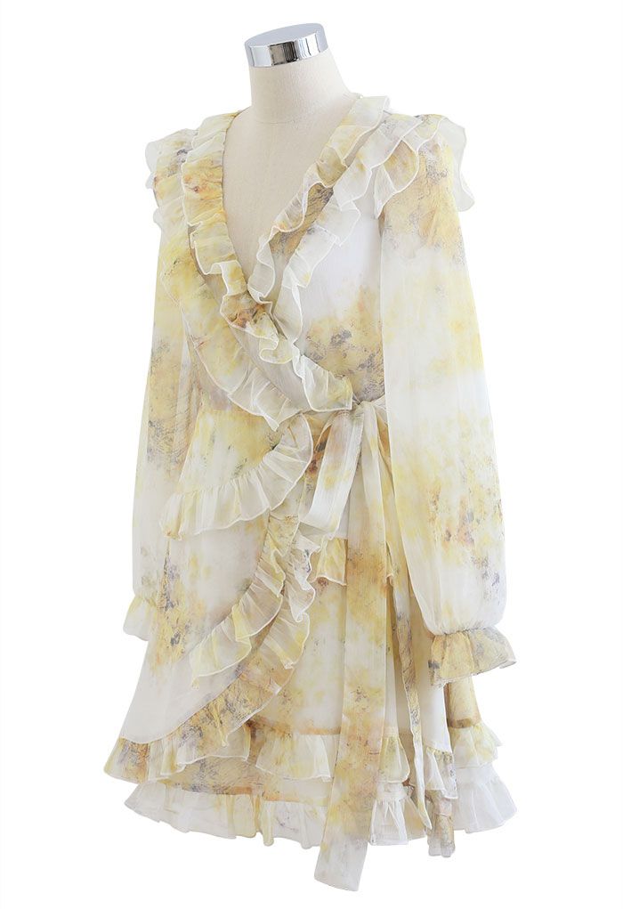 Watercolor Printed Ruffle Wrapped Mini Dress