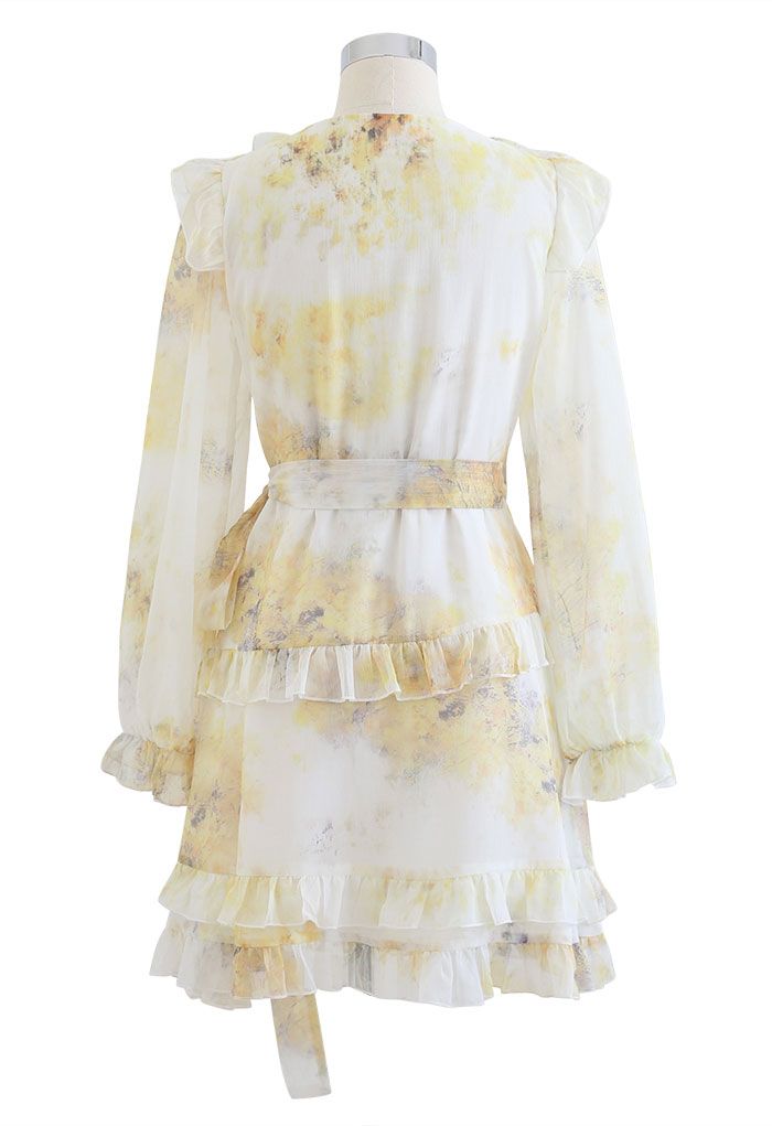 Watercolor Printed Ruffle Wrapped Mini Dress