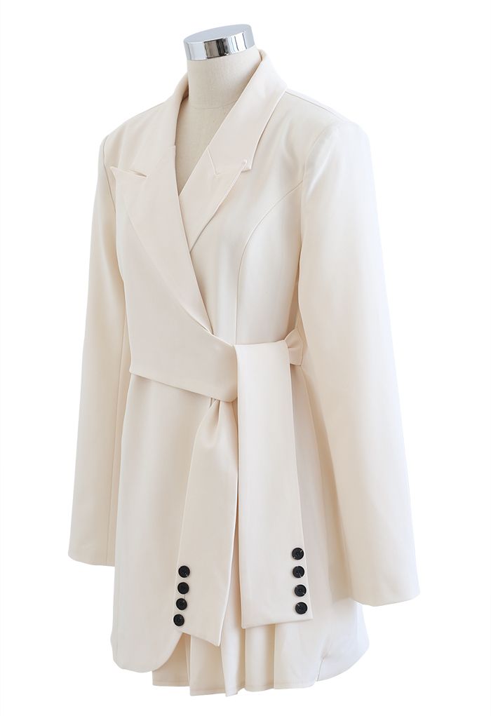 Tie Waist Pleated Pad Shoulder Blazer Dress in Ivory
