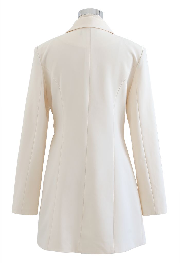 Tie Waist Pleated Pad Shoulder Blazer Dress in Ivory