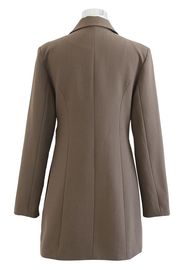 Tie Waist Pleated Pad Shoulder Blazer Dress in Brown