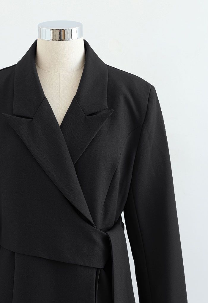 Tie Waist Pleated Pad Shoulder Blazer Dress in Black