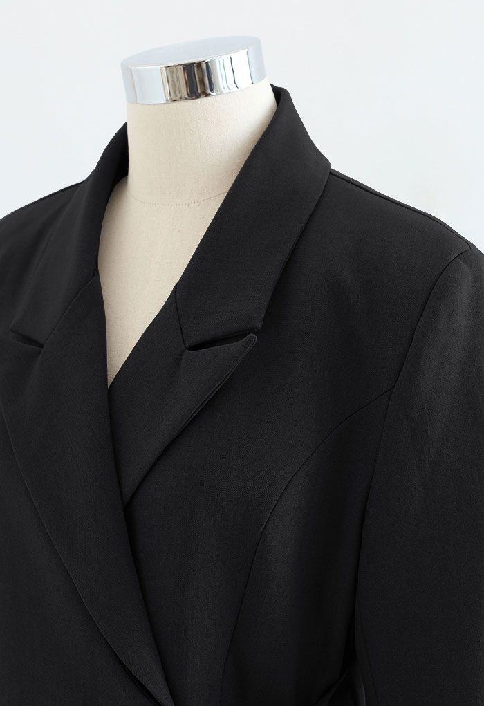 Tie Waist Pleated Pad Shoulder Blazer Dress in Black