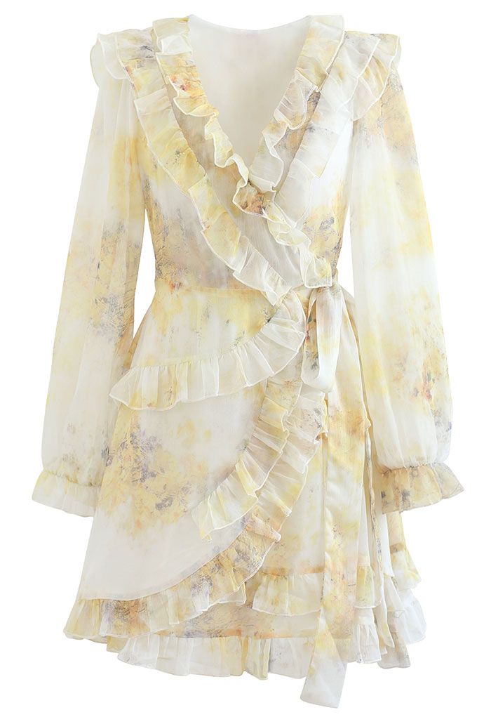 Watercolor Printed Ruffle Wrapped Mini Dress