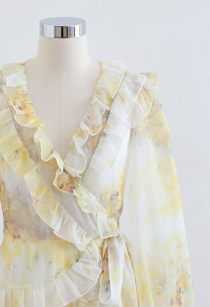 Watercolor Printed Ruffle Wrapped Mini Dress