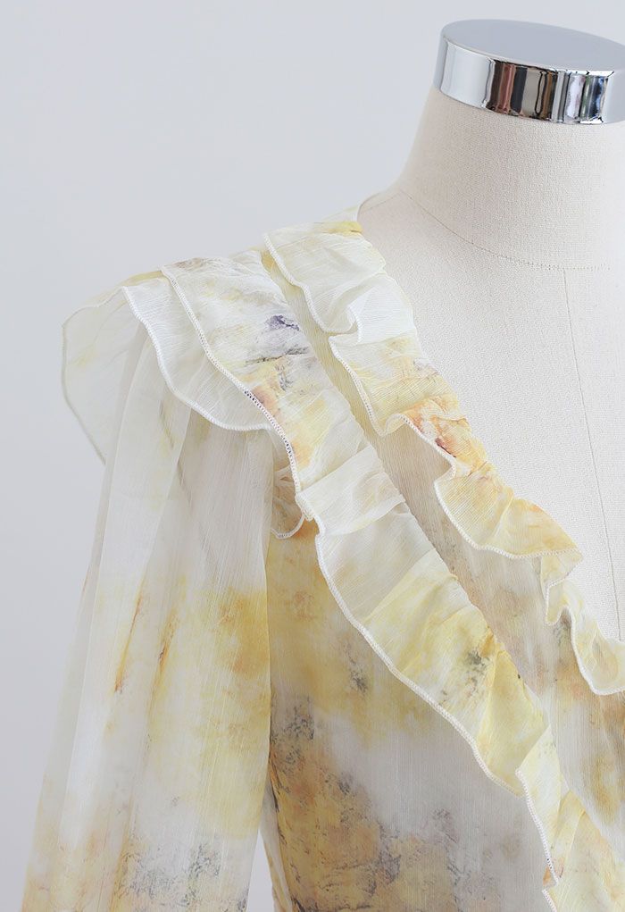 Watercolor Printed Ruffle Wrapped Mini Dress