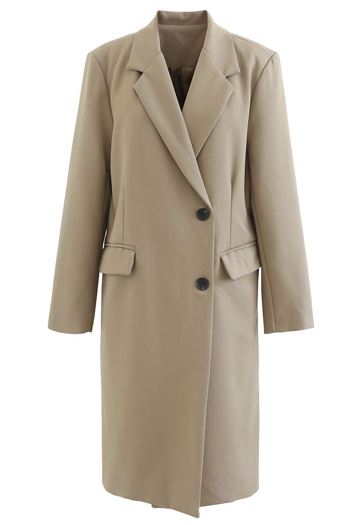 Single-Breasted Pocket Longline Coat in Tan