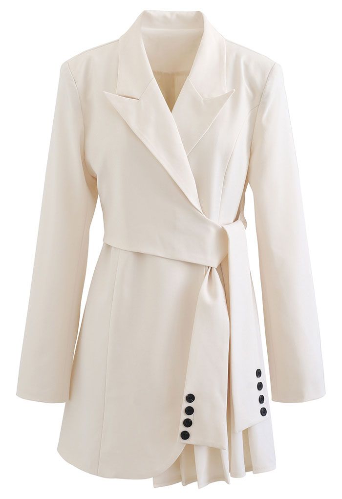 Tie Waist Pleated Pad Shoulder Blazer Dress in Ivory