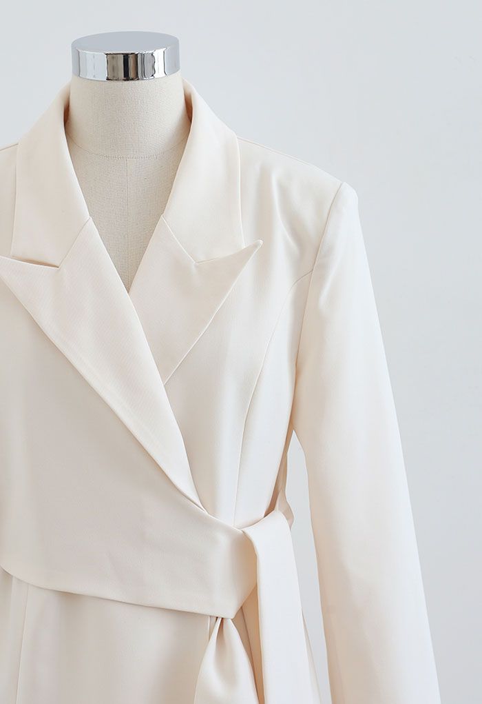 Tie Waist Pleated Pad Shoulder Blazer Dress in Ivory