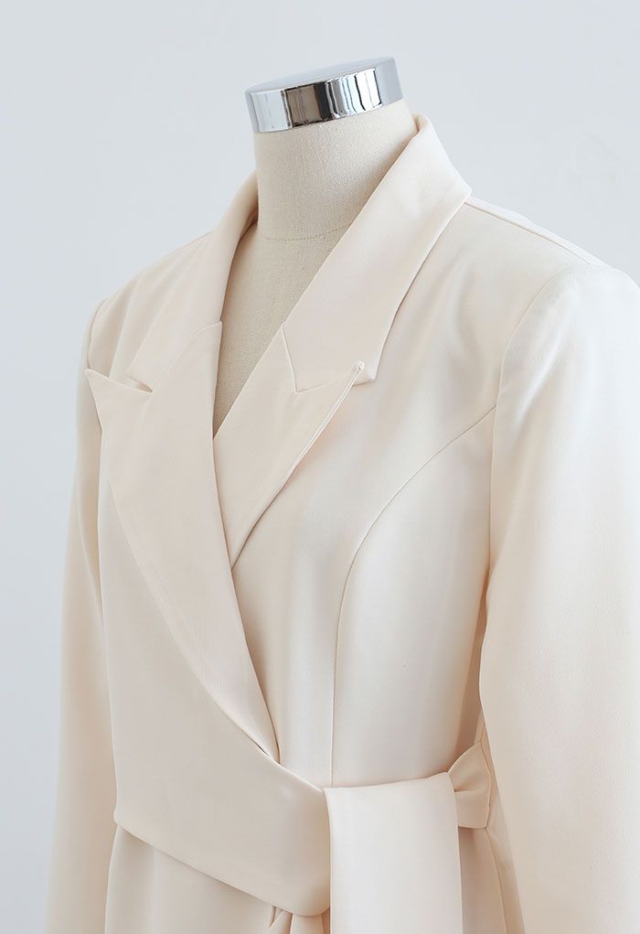 Tie Waist Pleated Pad Shoulder Blazer Dress in Ivory