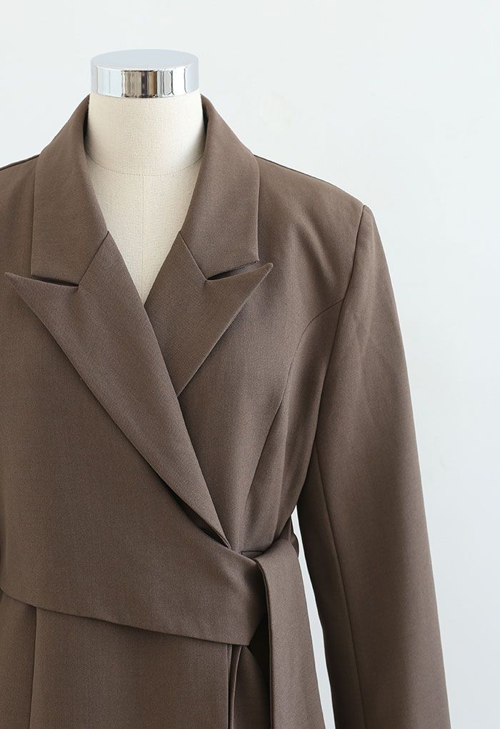Tie Waist Pleated Pad Shoulder Blazer Dress in Brown