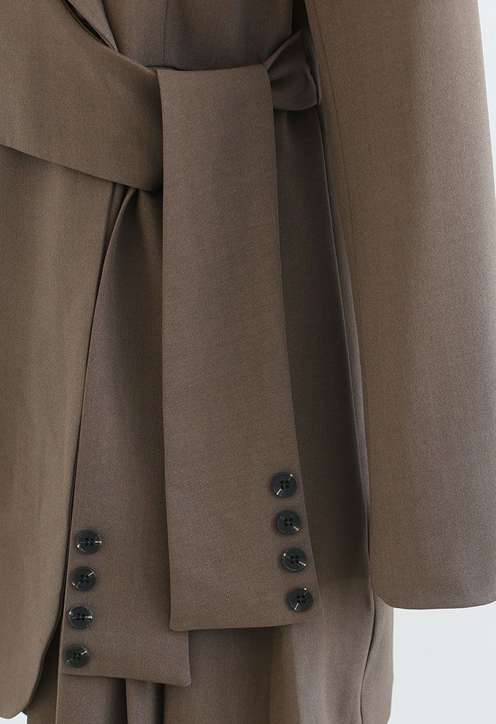 Tie Waist Pleated Pad Shoulder Blazer Dress in Brown