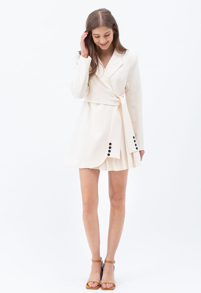 Tie Waist Pleated Pad Shoulder Blazer Dress in Ivory