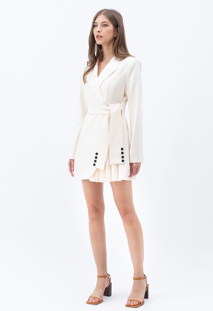 Tie Waist Pleated Pad Shoulder Blazer Dress in Ivory