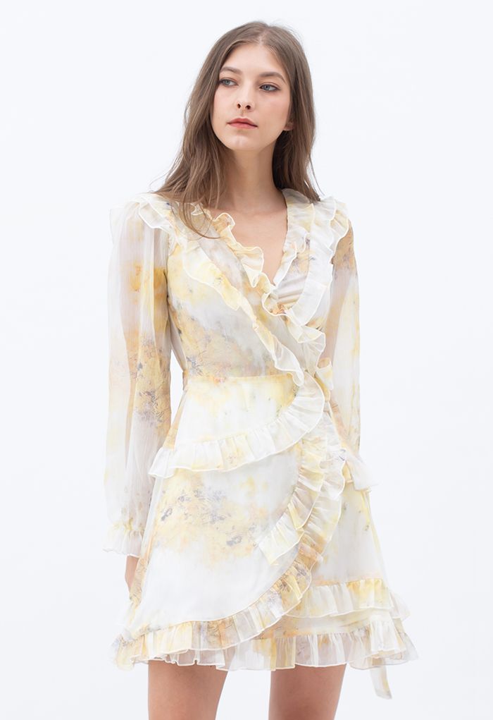 Watercolor Printed Ruffle Wrapped Mini Dress