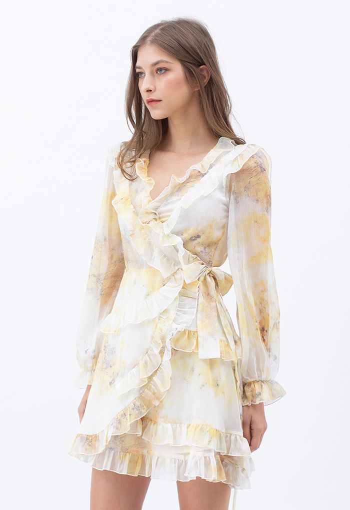 Watercolor Printed Ruffle Wrapped Mini Dress