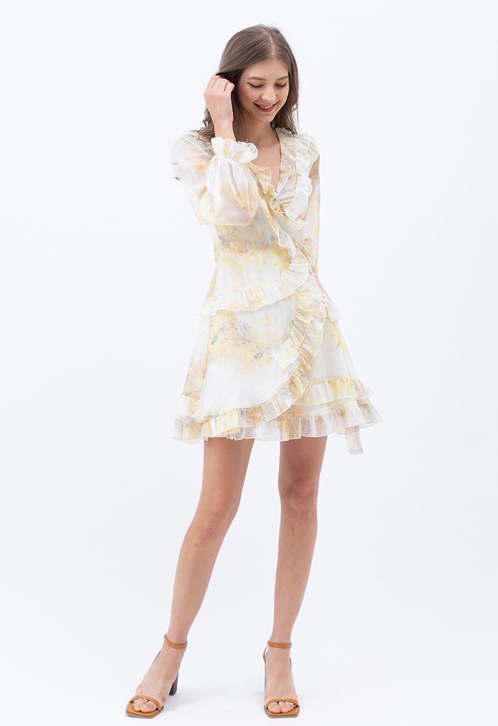 Watercolor Printed Ruffle Wrapped Mini Dress