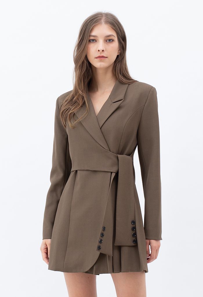 Tie Waist Pleated Pad Shoulder Blazer Dress in Brown