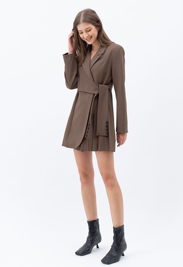 Tie Waist Pleated Pad Shoulder Blazer Dress in Brown