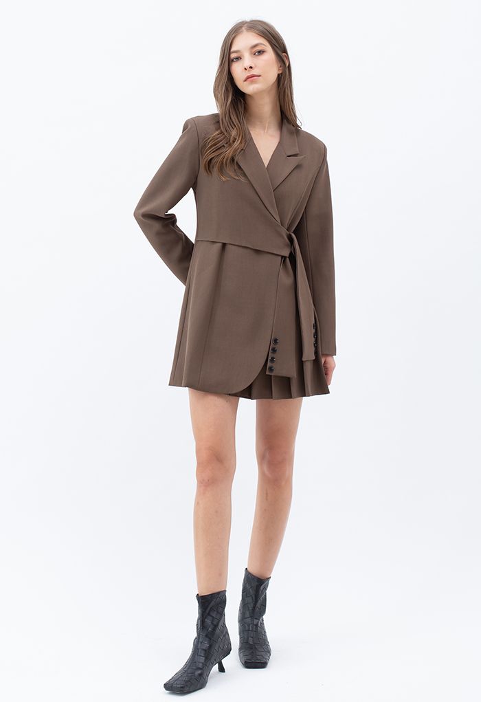 Tie Waist Pleated Pad Shoulder Blazer Dress in Brown