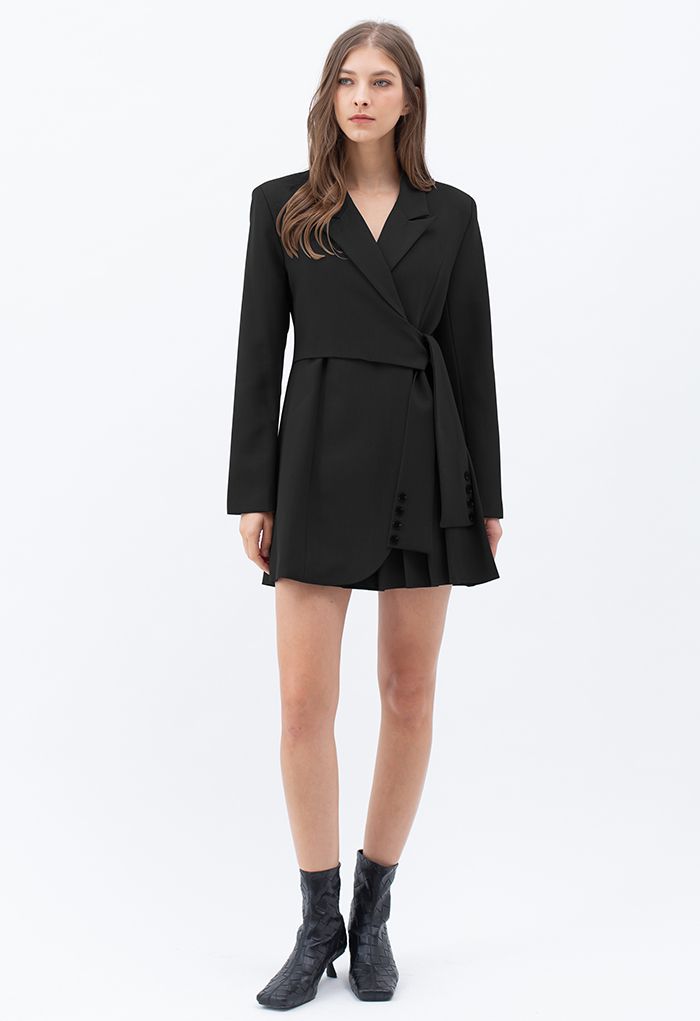 Tie Waist Pleated Pad Shoulder Blazer Dress in Black