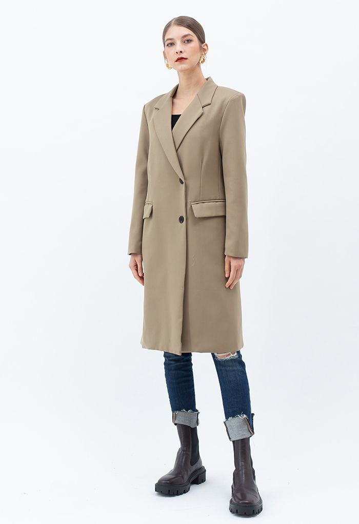 Single-Breasted Pocket Longline Coat in Tan
