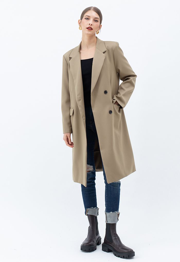Single-Breasted Pocket Longline Coat in Tan
