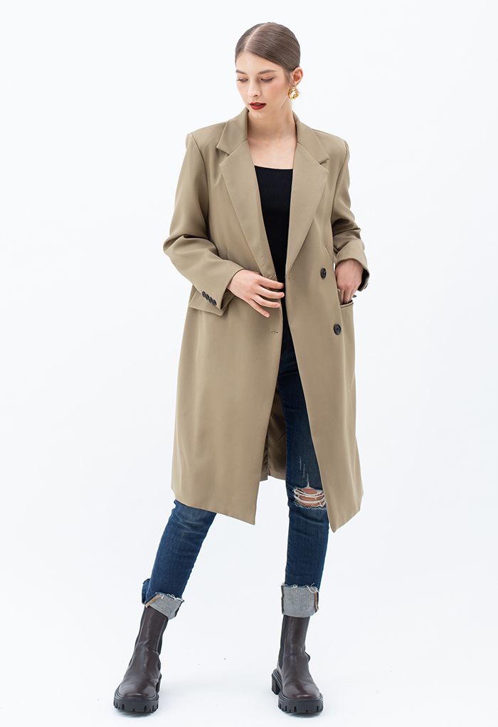 Single-Breasted Pocket Longline Coat in Tan