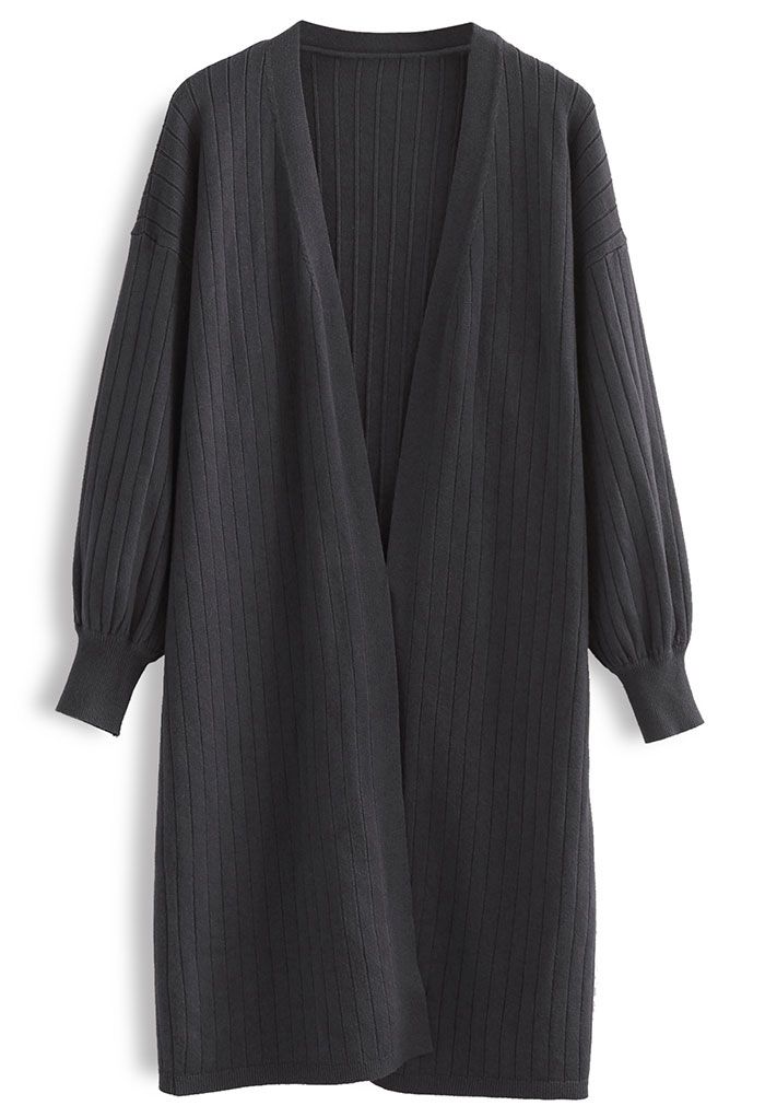 Rib Knitted Open Front Longline Knit Cardigan in Grey