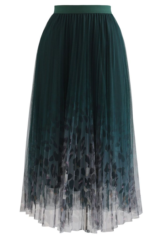 Spot Print Gradient Mesh Pleated Skirt in Dark Green