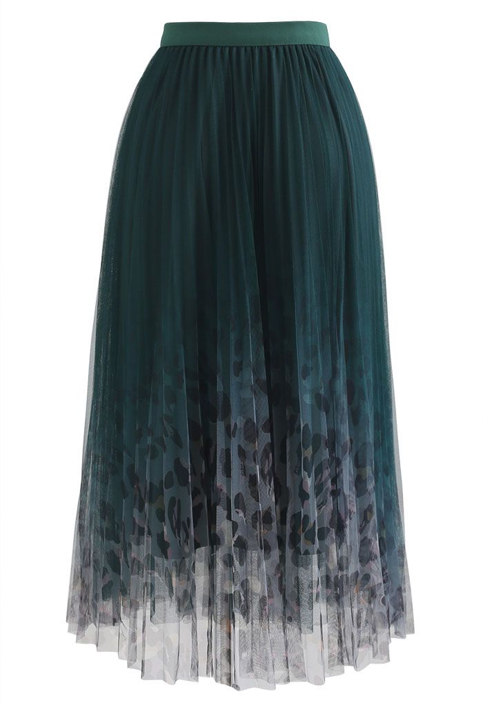 Spot Print Gradient Mesh Pleated Skirt in Dark Green