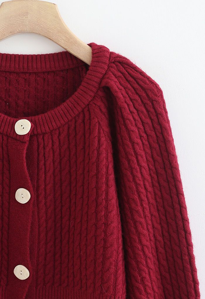 Braid Knit Button Down Crop Cardigan in Red