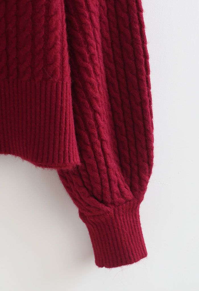 Braid Knit Button Down Crop Cardigan in Red