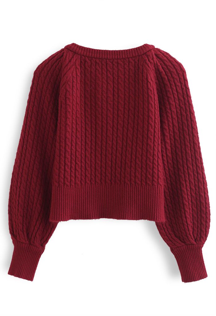 Braid Knit Button Down Crop Cardigan in Red