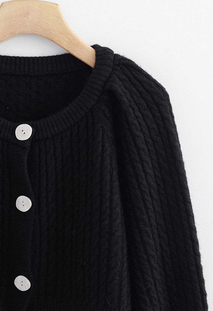 Braid Knit Button Down Crop Cardigan in Black