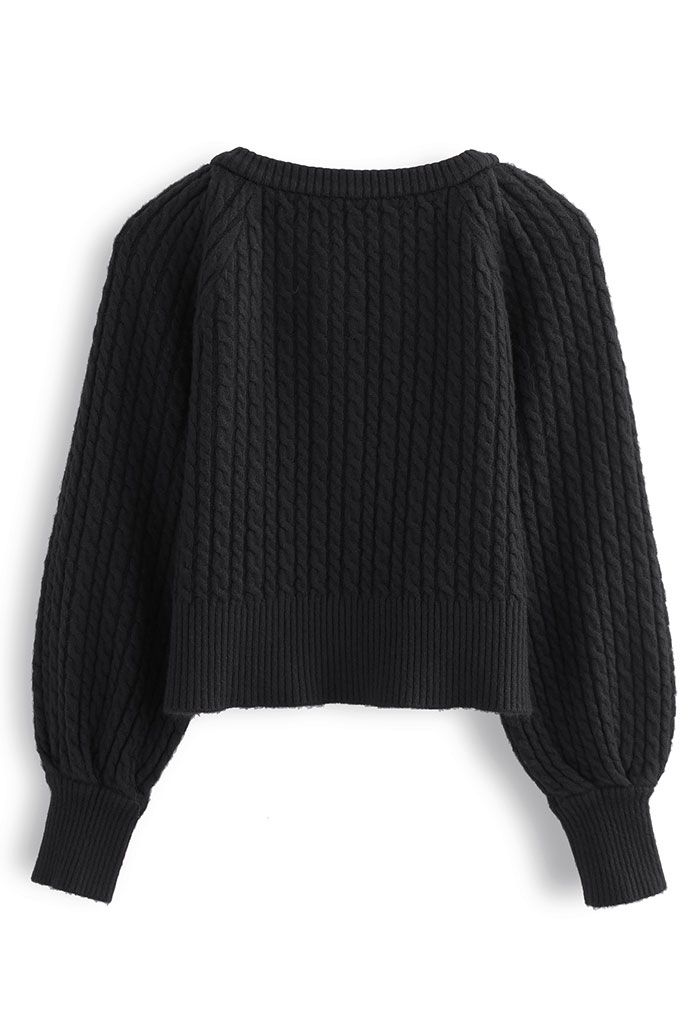 Braid Knit Button Down Crop Cardigan in Black