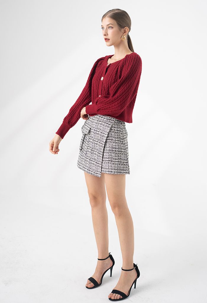 Braid Knit Button Down Crop Cardigan in Red