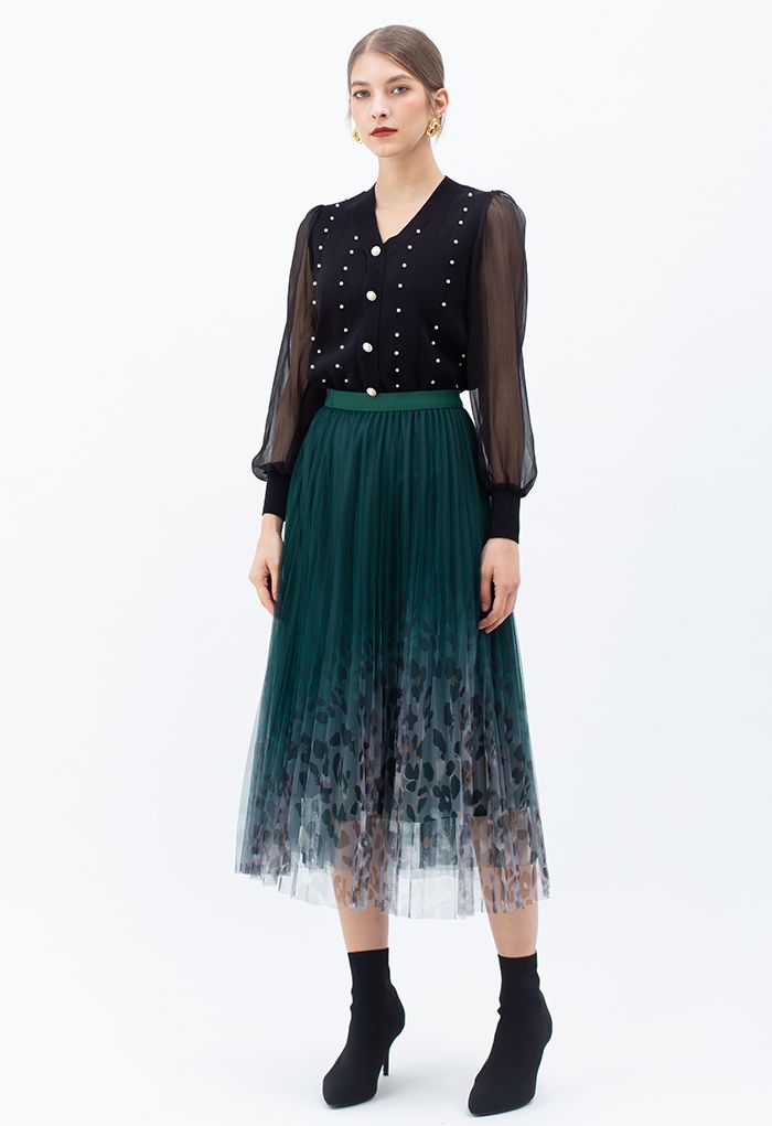 Spot Print Gradient Mesh Pleated Skirt in Dark Green