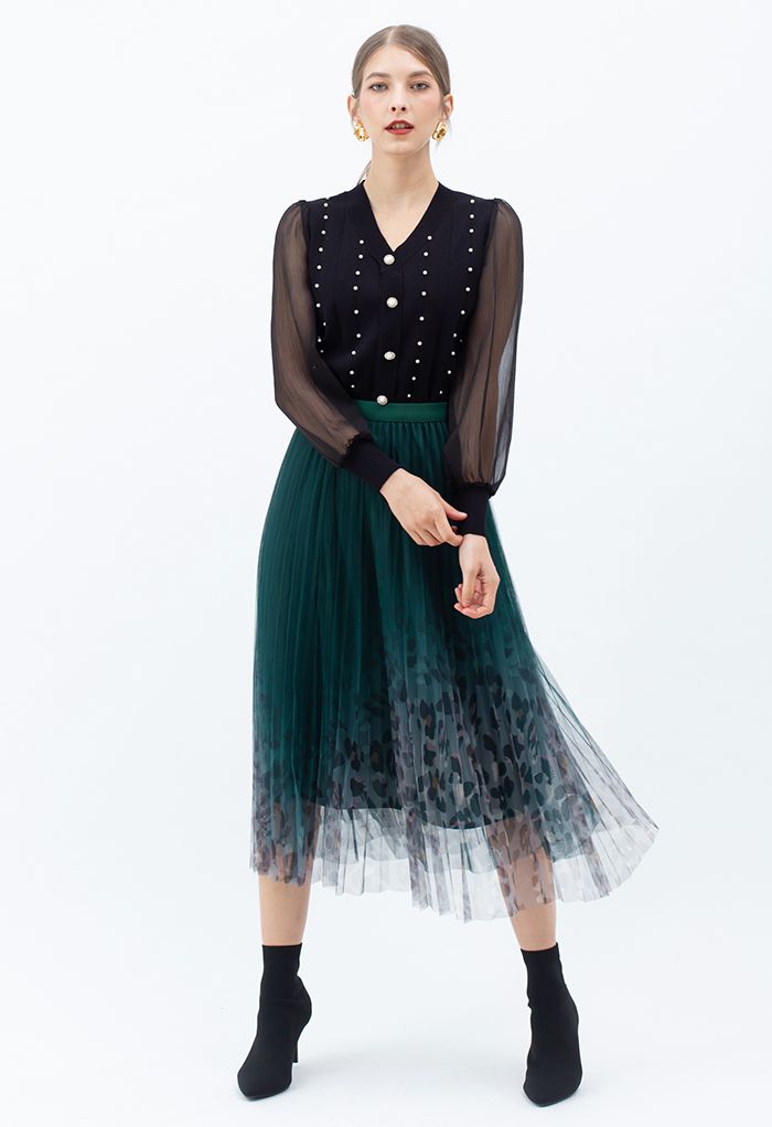 Spot Print Gradient Mesh Pleated Skirt in Dark Green