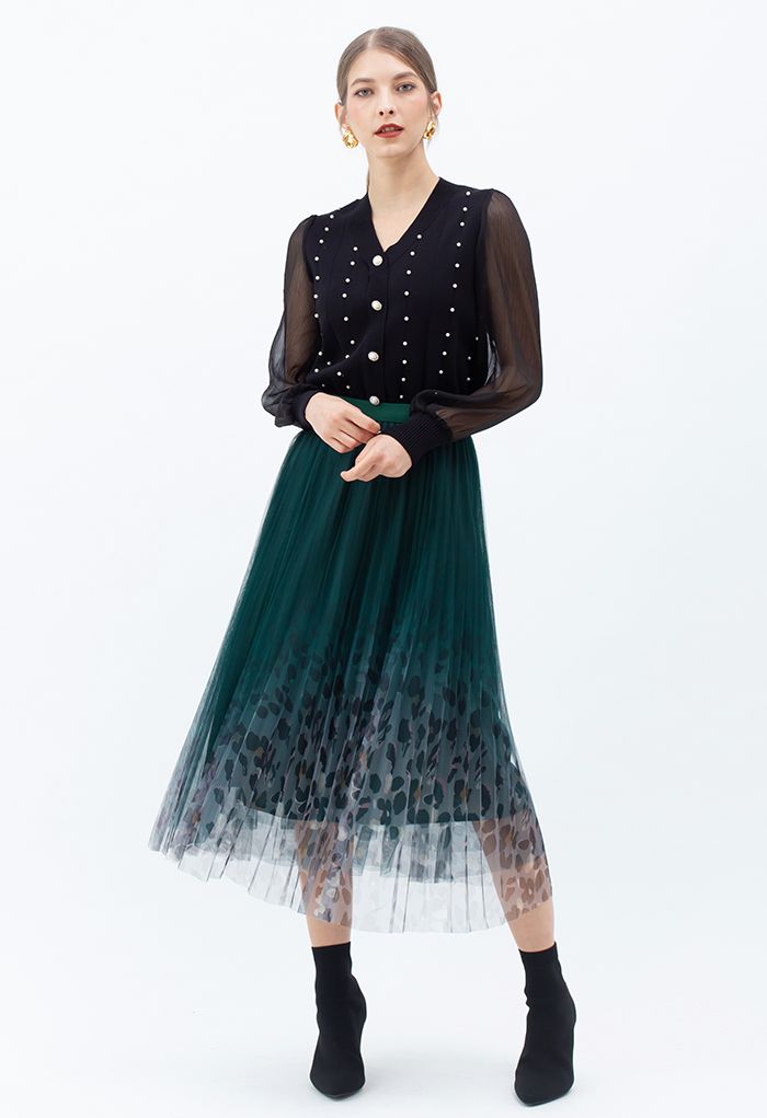 Spot Print Gradient Mesh Pleated Skirt in Dark Green