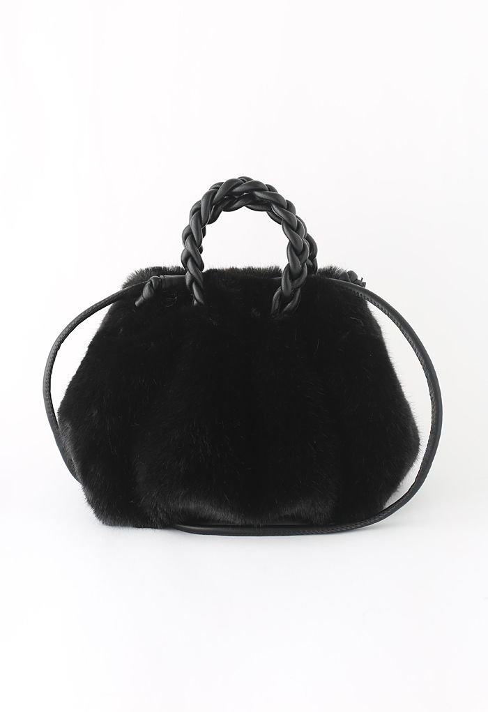 Braided Faux Fur Crossbody Bag in Black