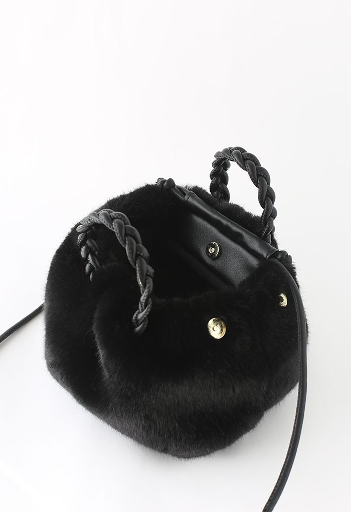Braided Faux Fur Crossbody Bag in Black