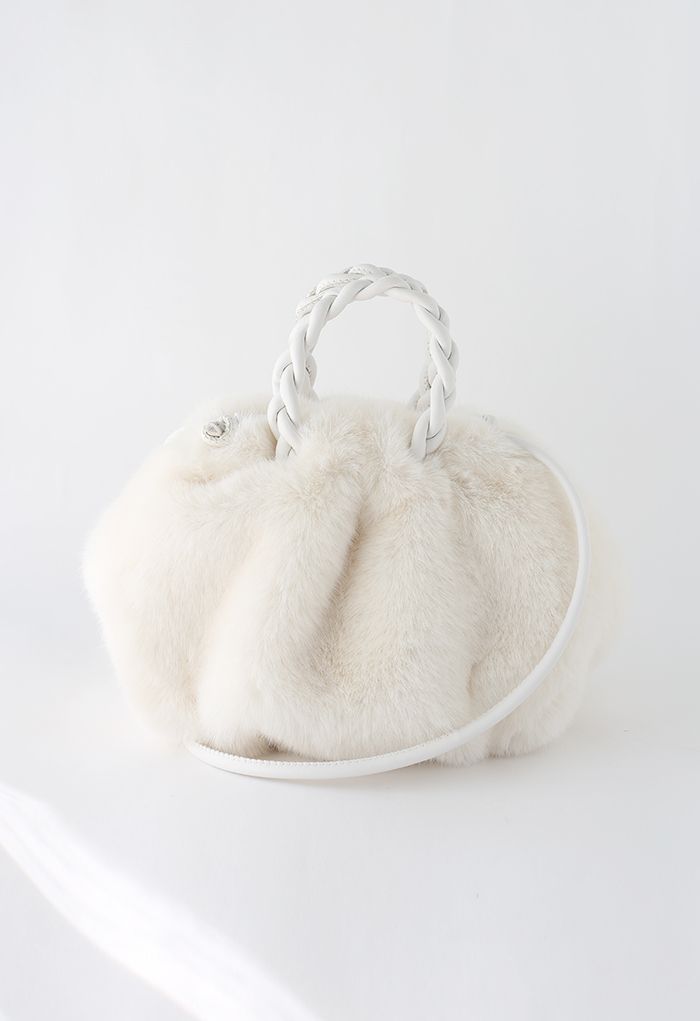 Braided Faux Fur Crossbody Bag in White